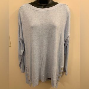 Chico’s boatneck sweater in blue heather.  Lightweight.  Size “2”.